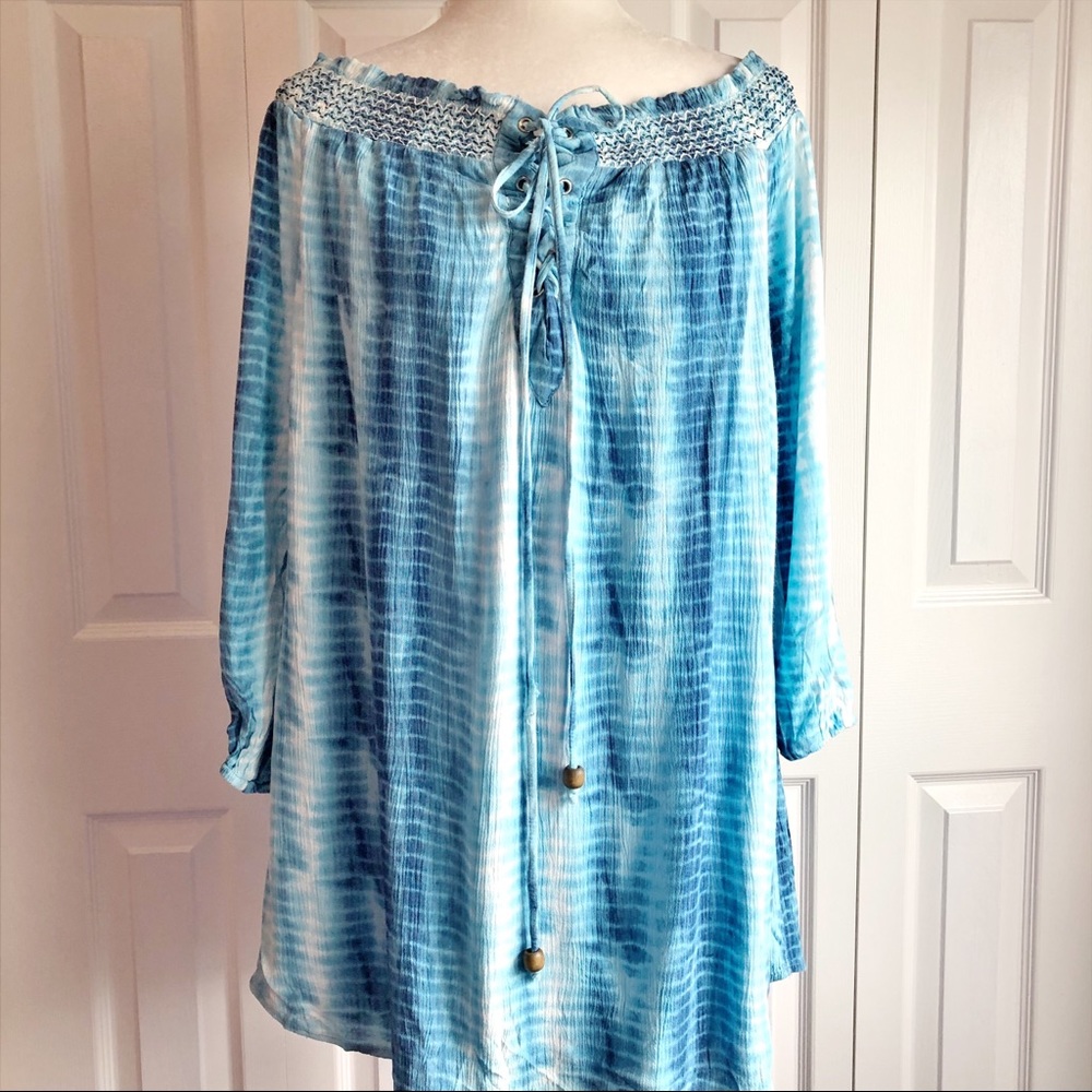 Dizzy Lizzy Blue Tie Dye Off Shoulder Mini Tunic Dress Large